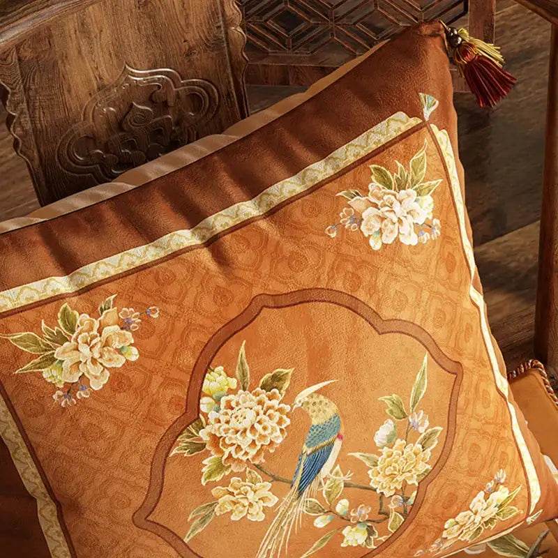 Chinoiserie Original Flowers and Birds Throw Pillow Orange Melody - SinoCultural -- SJZBZ043A01