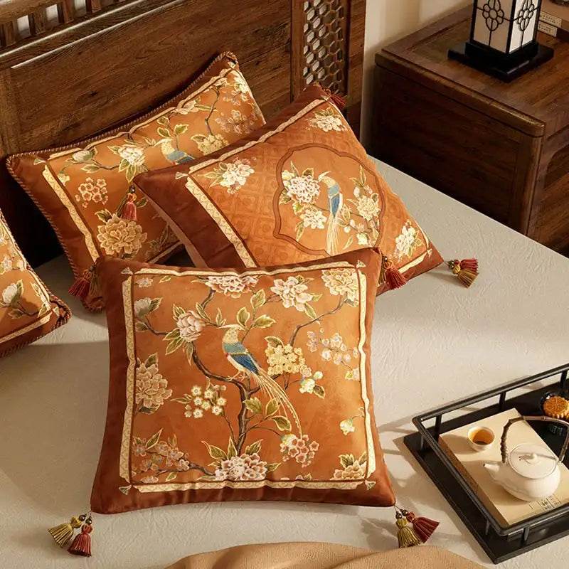 Chinoiserie Original Flowers and Birds Throw Pillow Orange Melody - SinoCultural -- SJZBZ043A01