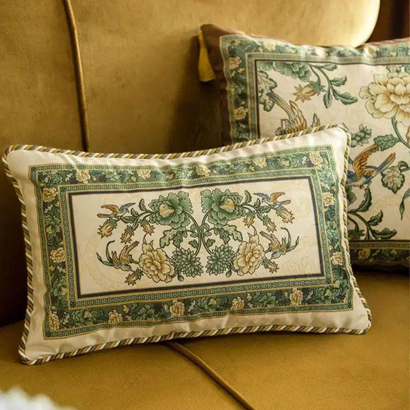 Chinoiserie Original Flowers and Birds Green Throw Pillow - SinoCultural -- SJZBZ046A01