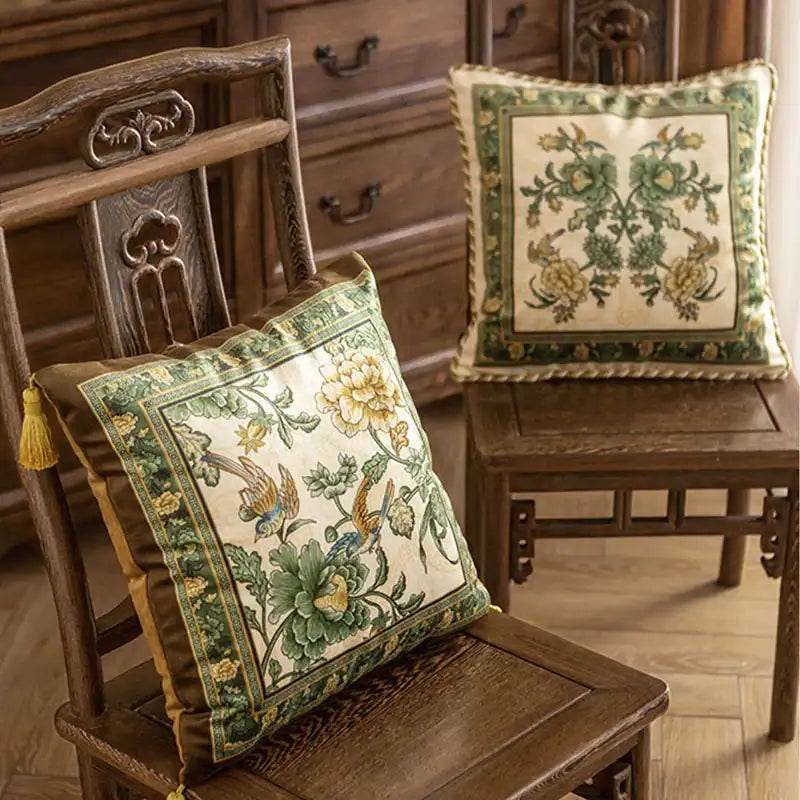 Chinoiserie Original Flowers and Birds Green Throw Pillow - SinoCultural -- SJZBZ046A01