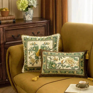 Chinoiserie Original Flowers and Birds Green Throw Pillow - SinoCultural -- SJZBZ046A01
