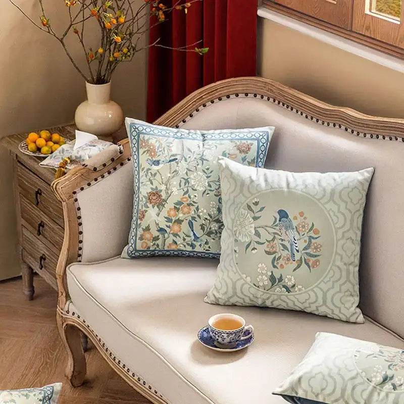 Chinoiserie Original Flowers and Birds Light Blue Throw Pillow - SinoCultural -- SJZBZ047A01
