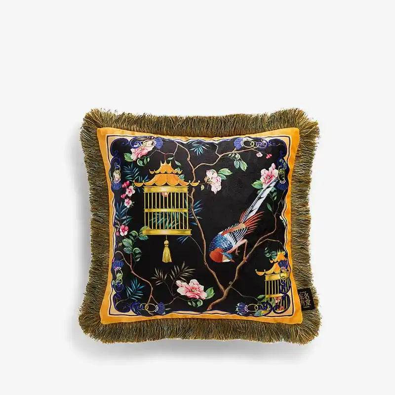 Chinoiserie Yellow Retro Flowers and Birds Throw Pillow - SinoCultural -- SJZBZ053A01