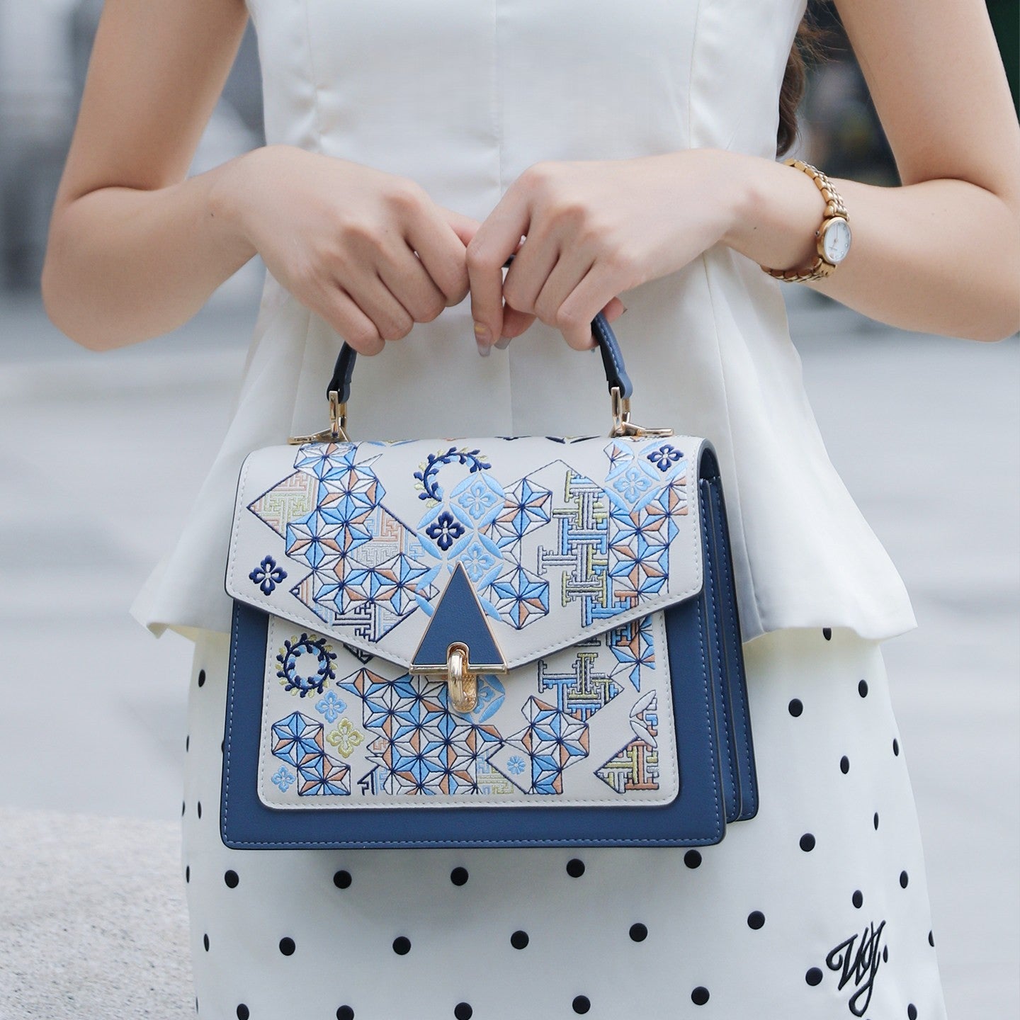 Chinoiserie Luxury Oriental Geometric Embroidered Leather Top-Handle Bag-brocademdoern