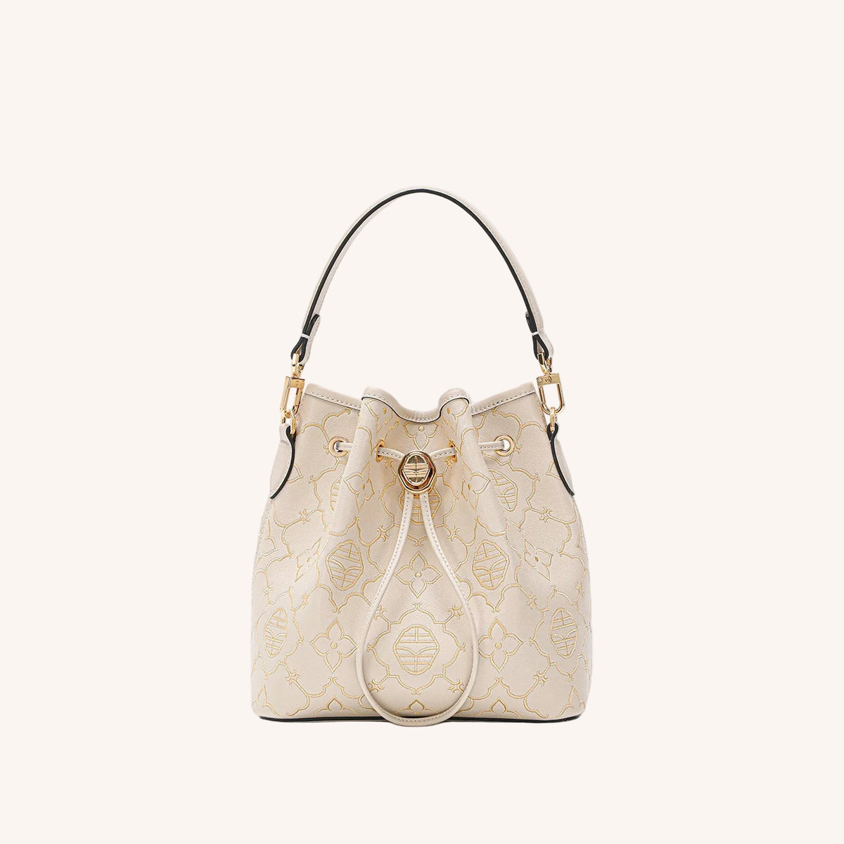 Chinese embroidered bucket bag with heritage-inspired motif and structured heritage handbag silhouette featuring