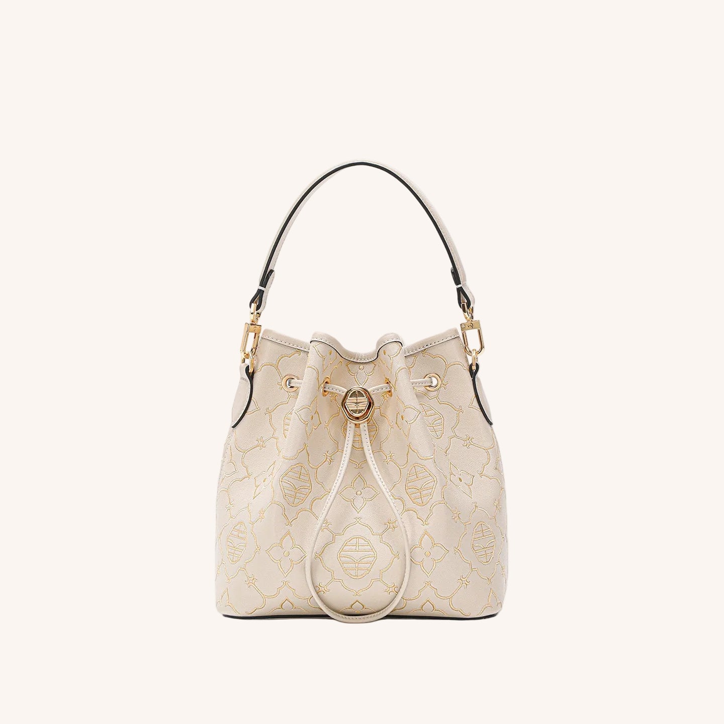 Lucky Persimmon Brocade “Fu” Bucket Bag – Embroidered Cowhide Drawstring Tote-Moonlight White