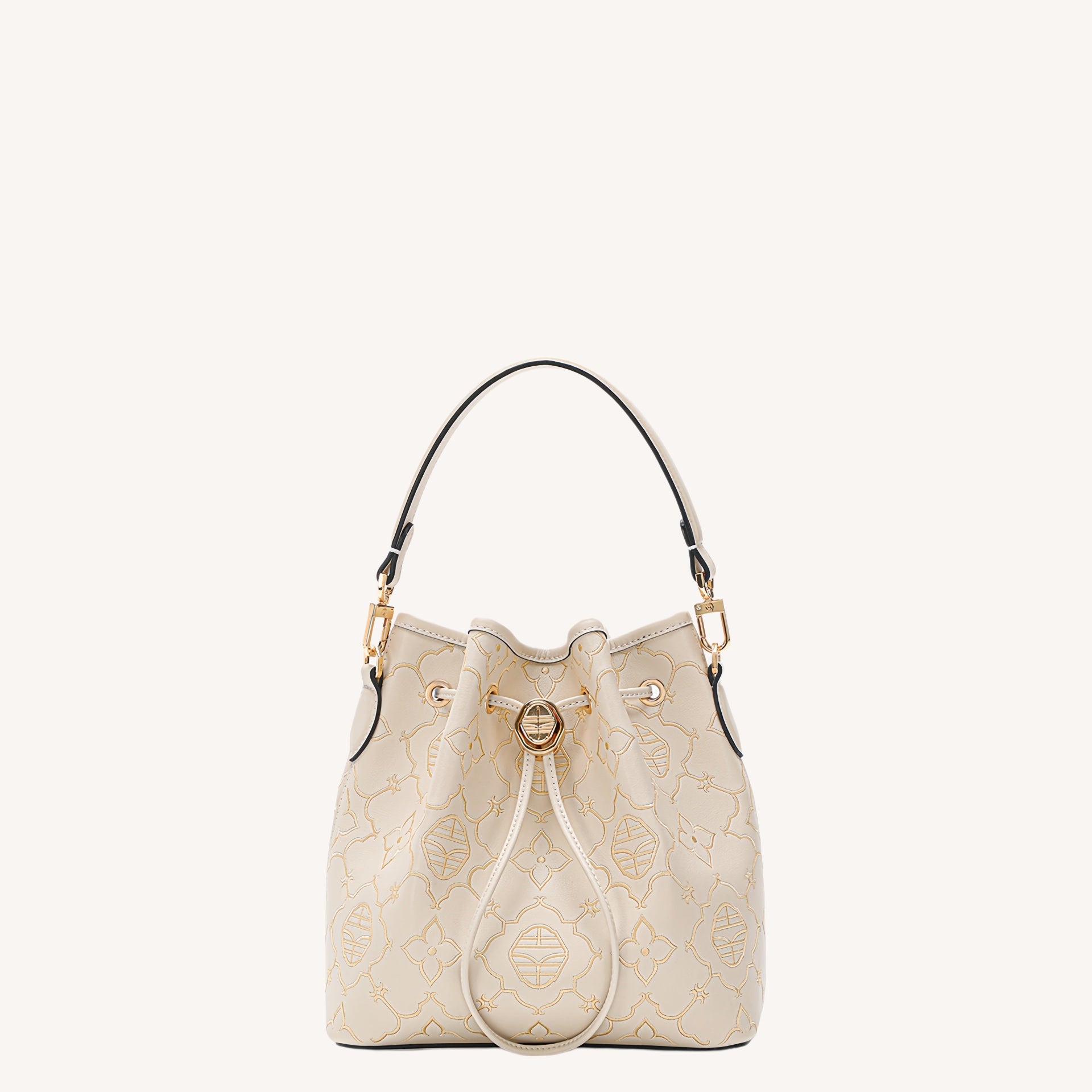 Close view of embroidered bucket bag showing floral texture and refined leather finish featuring Embroidered Tote Moonlight-brocademodern