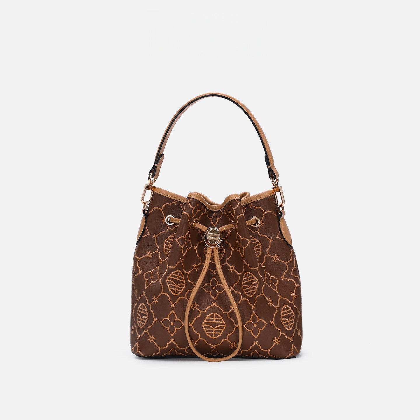 Lucky Persimmon Brocade “Fu” Bucket Bag – Embroidered Cowhide Drawstring Tote-Cocoa Brown