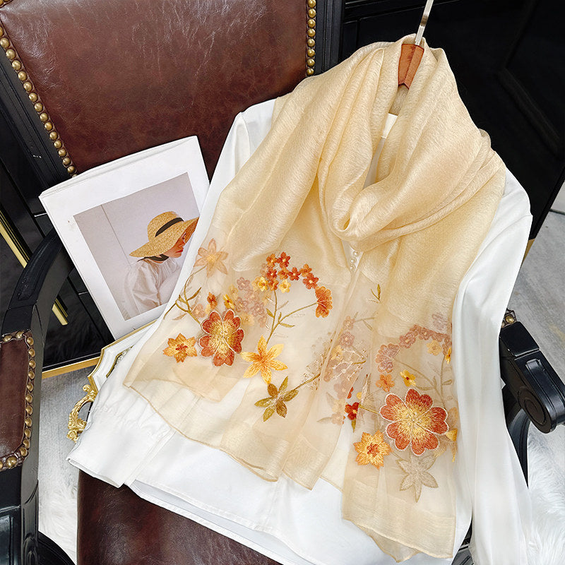 Vibrant Cherry Blossom Khaki Su Embroidery Scarf (2026) – Luxury Silk Blend Shawl