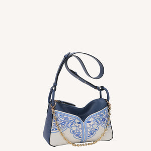 Close view of embroidered crossbody bag showing floral texture and refined leather finish featuring Embroidered-brocademodern