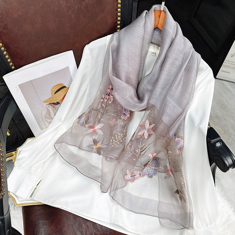 Vibrant Cherry Blossom Grey Su Embroidery Scarf (2026) – Luxury Silk Blend Shawl