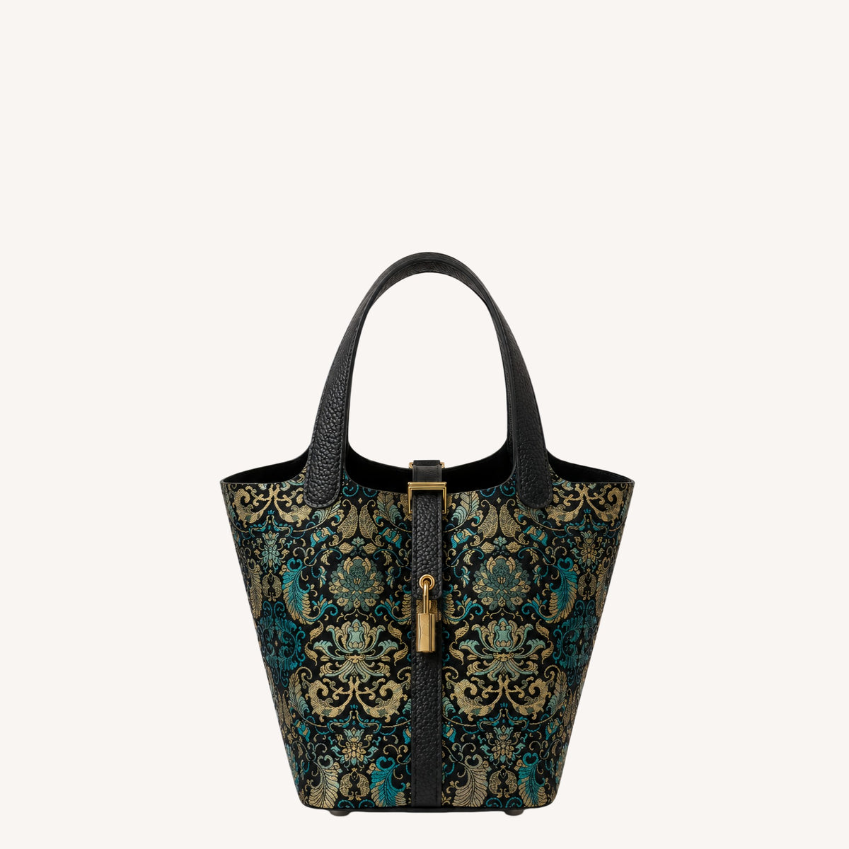 Shangjiukai Black Banana Leaf Lotus Song Brocade Basket Bag – New Chinese Style Silk Brocade Handbag-brocademodern