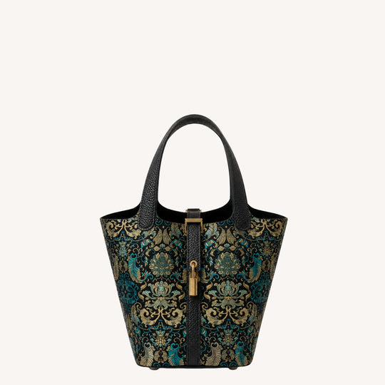 Shangjiukai Black Banana Leaf Lotus Song Brocade Basket Bag – New Chinese Style Silk Brocade Handbag-brocademodern