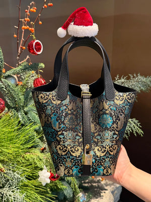 Shangjiukai Black Banana Leaf Lotus Song Brocade Basket Bag – New Chinese Style Silk Brocade Handbag-brocademodern