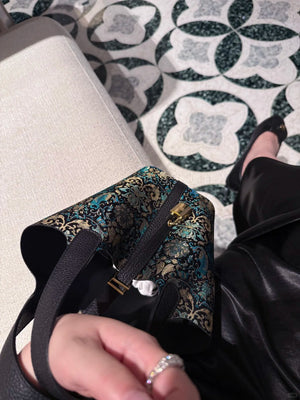 Shangjiukai Black Banana Leaf Lotus Song Brocade Basket Bag – New Chinese Style Silk Brocade Handbag-brocademodern