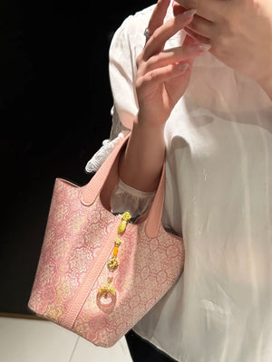 Shangjiukai Pink Dingsheng Song Brocade Basket Bag – New Chinese Style Silk Brocade Handbag-brocademodern