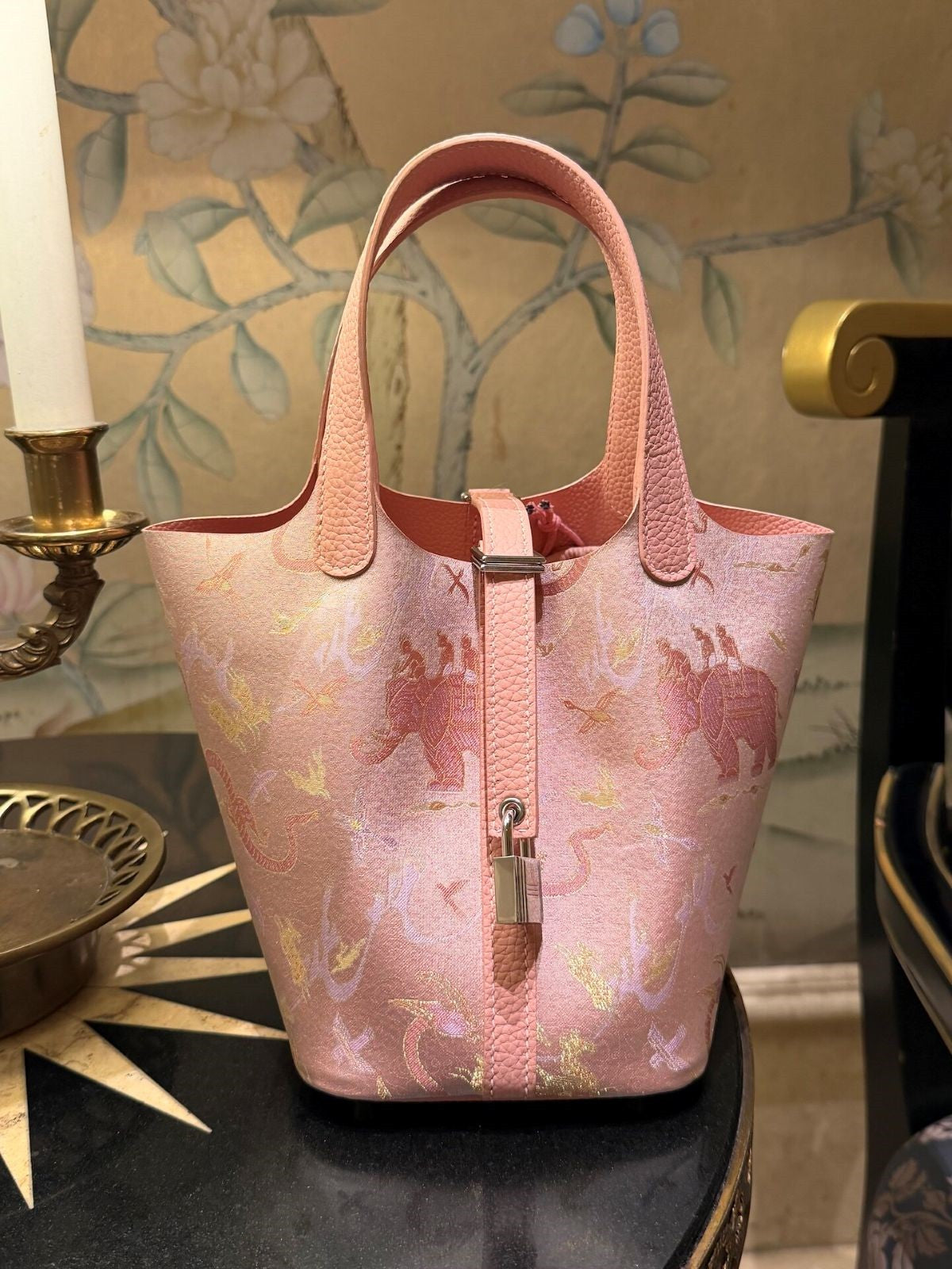 Shangjiukai Pink  Dragon Elephant Song Brocade Basket Bag – New Chinese Style Silk Brocade Handbag-brocademodern