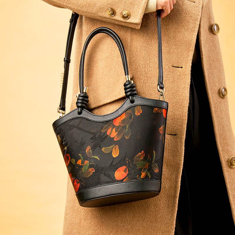 Xiangyunsha Silk Leather Printed Persimmon Shoulder Bag - SinoCultural -- YS120763