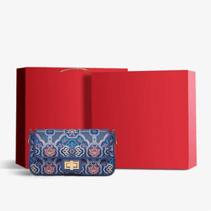 Song Brocade Leather Mulberry Silk Blue Shoulder Evening Bag - SinoCultural -- P12064802B