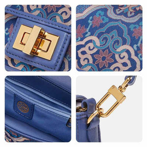 Song Brocade Leather Mulberry Silk Blue Shoulder Evening Bag - SinoCultural -- P12064802B