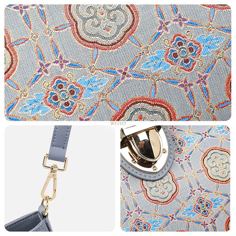 Song Brocade Leather Blue Shoulder Bag Ruyi Pattern - SinoCultural -- FJ270038-1