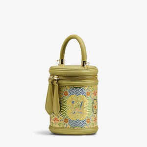 Song Brocade Leather Bucket Cylinder Bag - SinoCultural -- P120617