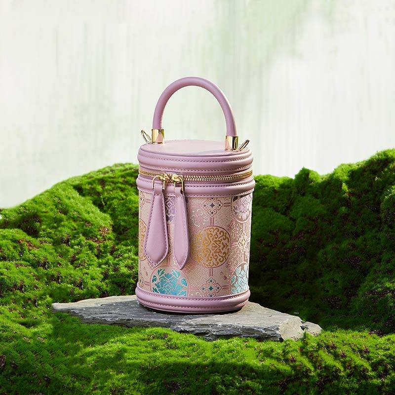 Song Brocade Leather Bucket Cylinder Bag - SinoCultural -- P11017902P-1