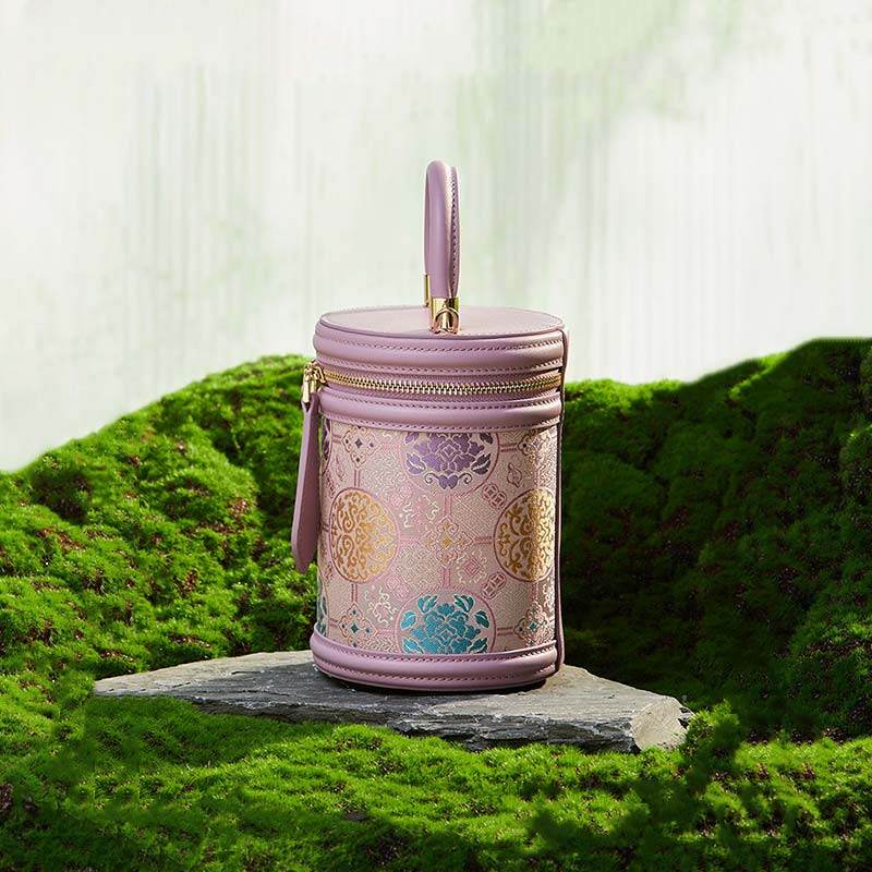 Song Brocade Leather Bucket Cylinder Bag - SinoCultural -- P11017902P-1
