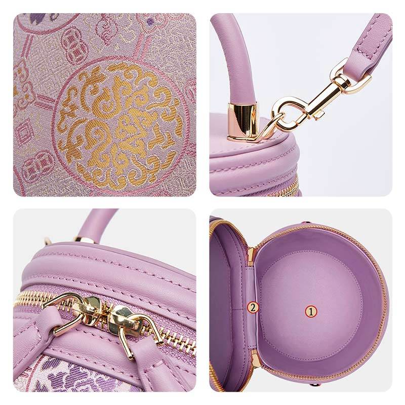 Song Brocade Leather Bucket Cylinder Bag - SinoCultural -- P11017902P-1