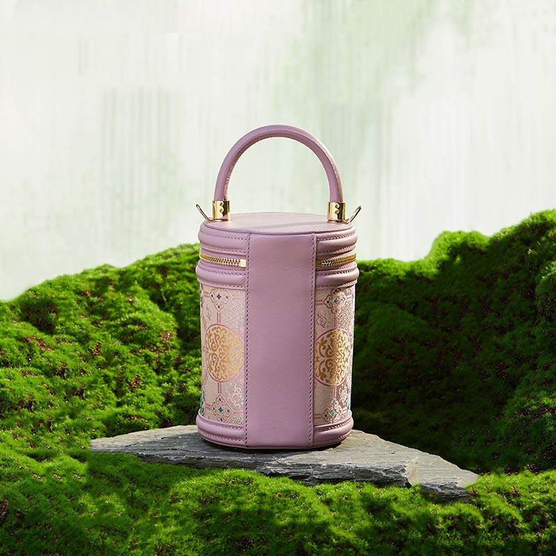 Song Brocade Leather Bucket Cylinder Bag - SinoCultural -- P11017902P-1