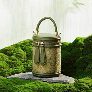 Song Brocade Leather Bucket Cylinder Bag - SinoCultural -- P11017902G