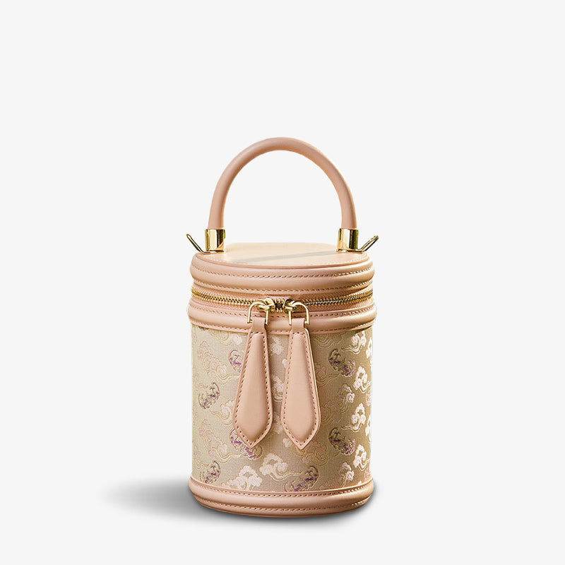 Song Brocade Leather Bucket Cylinder Bag - SinoCultural -- P11017902BG