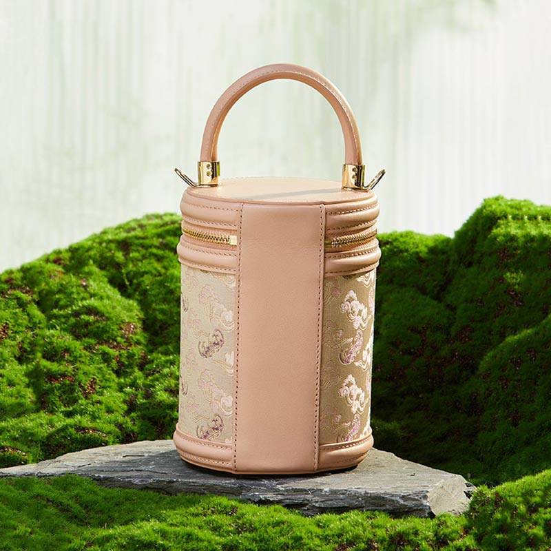 Song Brocade Leather Bucket Cylinder Bag - SinoCultural -- P11017902BG