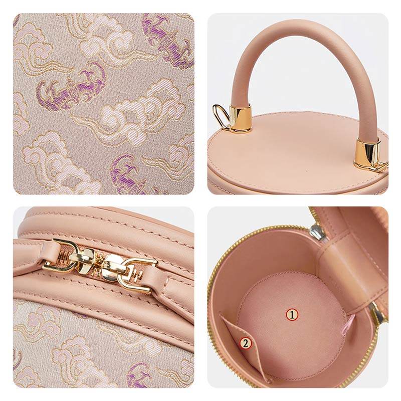 Song Brocade Leather Bucket Cylinder Bag - SinoCultural -- P11017902BG