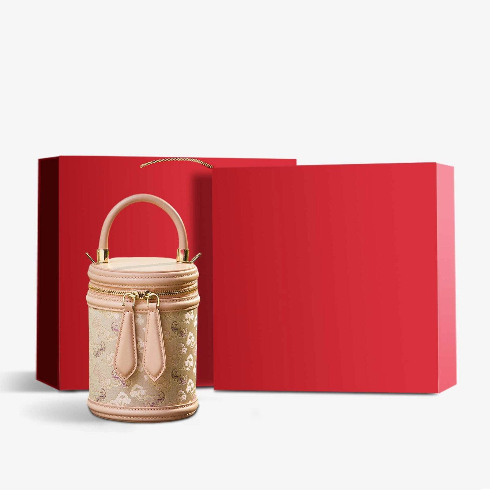 Song Brocade Leather Bucket Cylinder Bag - SinoCultural -- P11017902BG