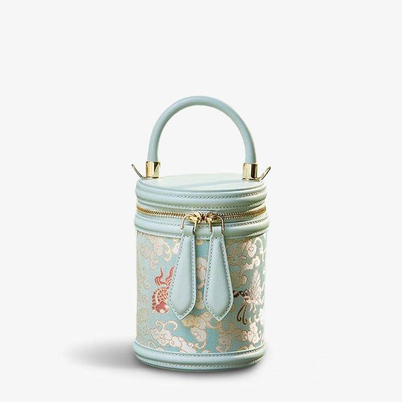 Song Brocade Leather Bucket Cylinder Bag - SinoCultural -- P11017902LB-2