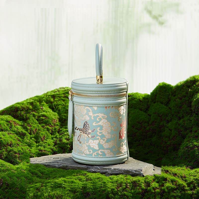 Song Brocade Leather Bucket Cylinder Bag - SinoCultural -- P11017902LB-2