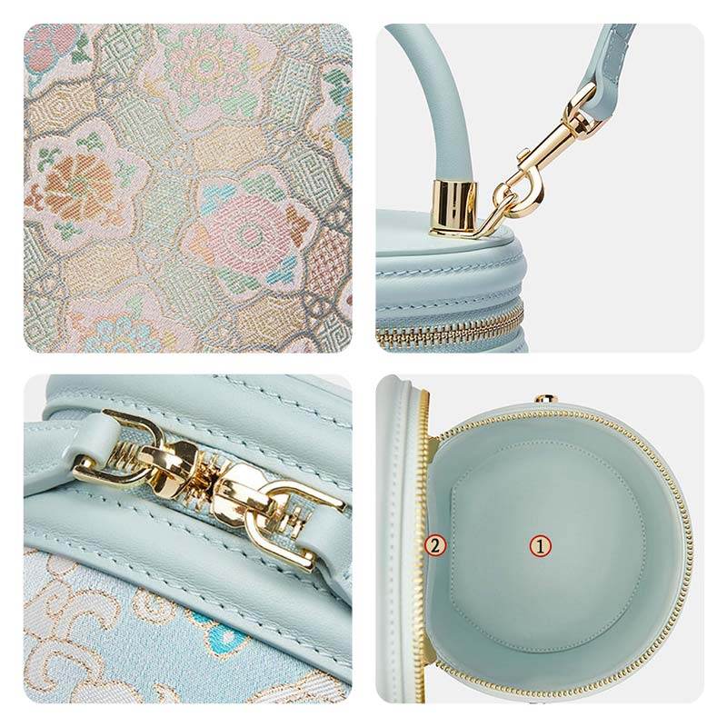 Song Brocade Leather Bucket Cylinder Bag - SinoCultural -- P11017902LB-2