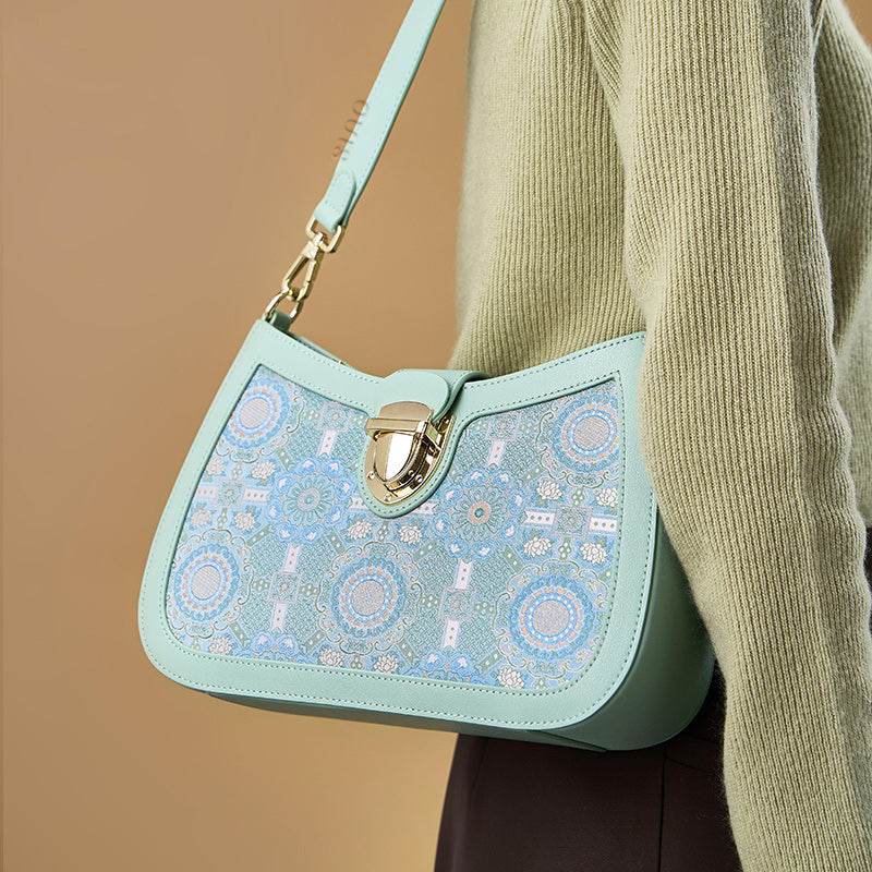 Song Brocade Leather Green Shoulder Bag Badayun Pattern - SinoCultural -- FJ270038-2