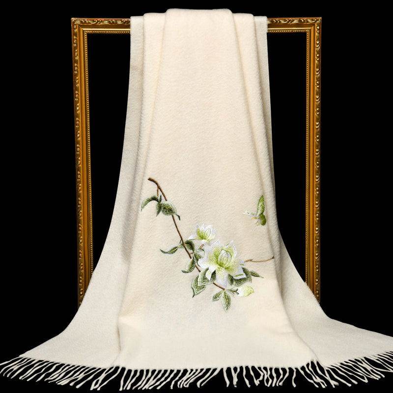 Handcrafted Su Embroidery Cashmere Scarf Luxury 200x70cm - SinoCultural -- HYFSJ020