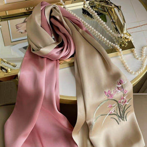 Hand Embroidered Suzhou 16 Momme Silk Scarf Luxury 155x35cm - SinoCultural -- HYFSJ025A01