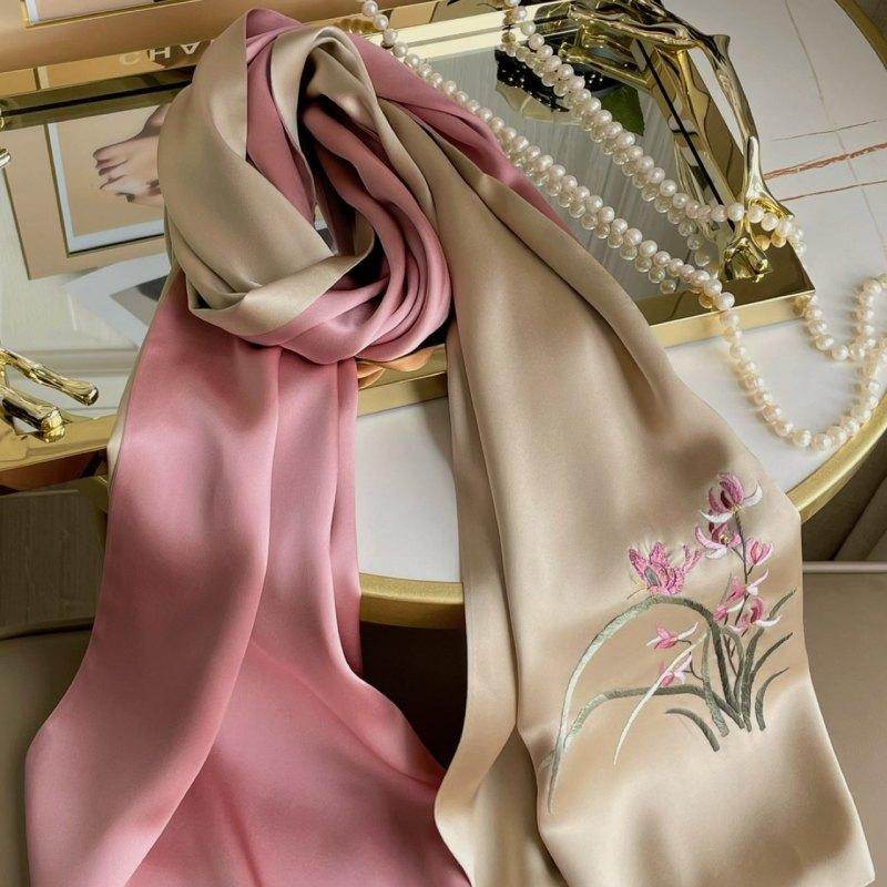 Hand Embroidered Suzhou 16 Momme Silk Scarf Luxury 155x35cm - SinoCultural -- HYFSJ025A01