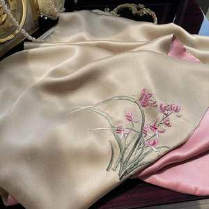 Hand Embroidered Suzhou 16 Momme Silk Scarf Luxury 155x35cm - SinoCultural -- HYFSJ025A01