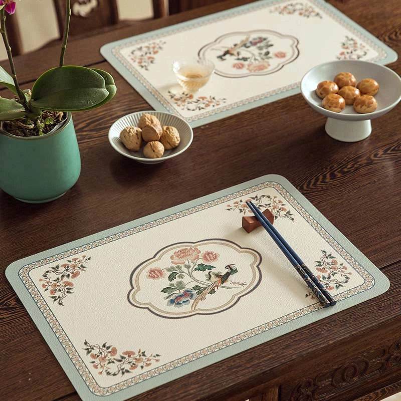 2-Piece Chinoiserie Spring Bird and Flower Pattern Washable Placemat - SinoCultural -- TM036A3045