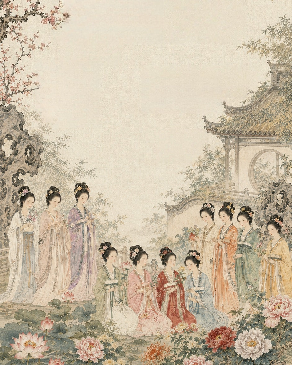 Twelve Flower Goddesses heritage story image for floral silk scarves