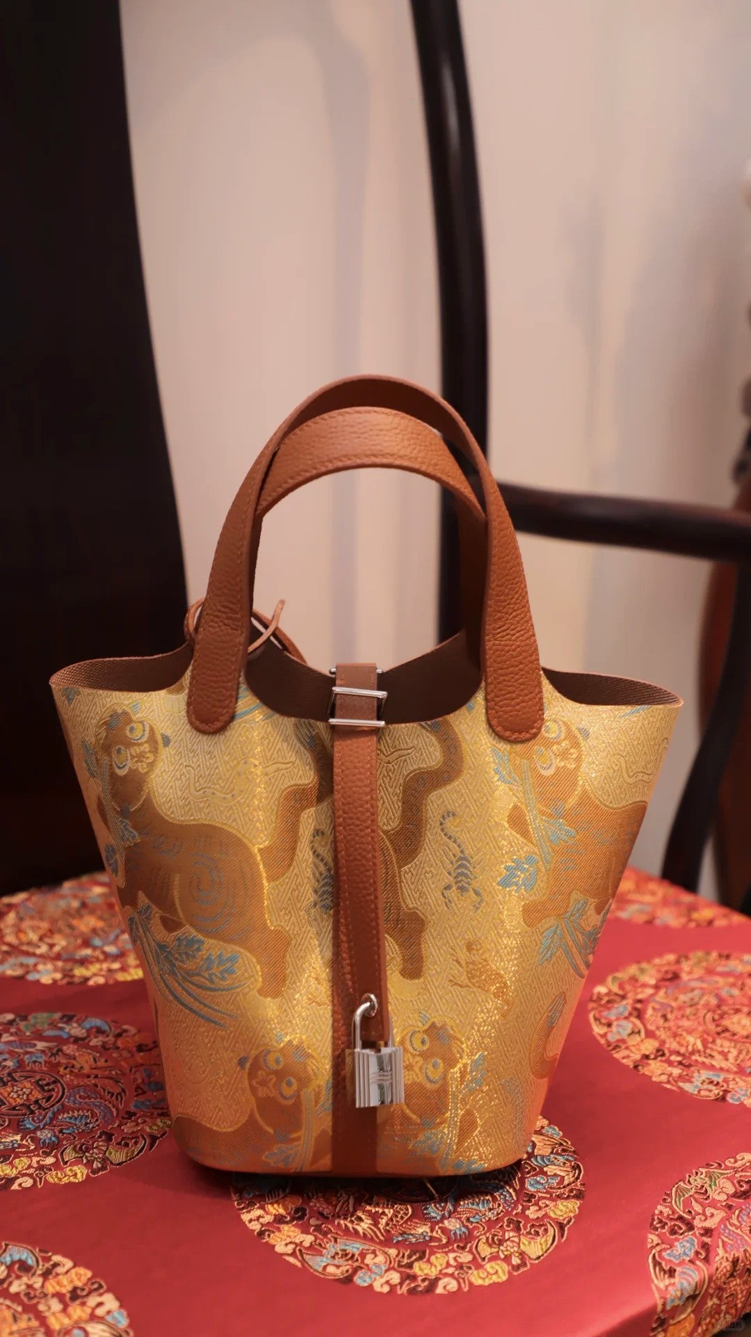 Tiger Warding Off Five Poisons Song Brocade Basket Bag | Brocade Modern