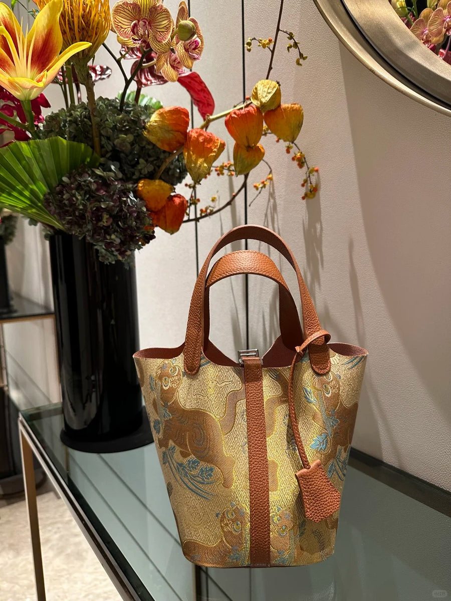 Tiger Warding Off Five Poisons Song Brocade Basket Bag | Brocade Modern