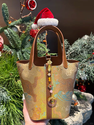 Tiger Warding Off Five Poisons Song Brocade Basket Bag | Brocade Modern