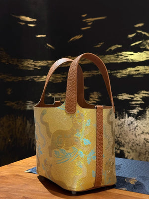 Tiger Warding Off Five Poisons Song Brocade Basket Bag | Brocade Modern