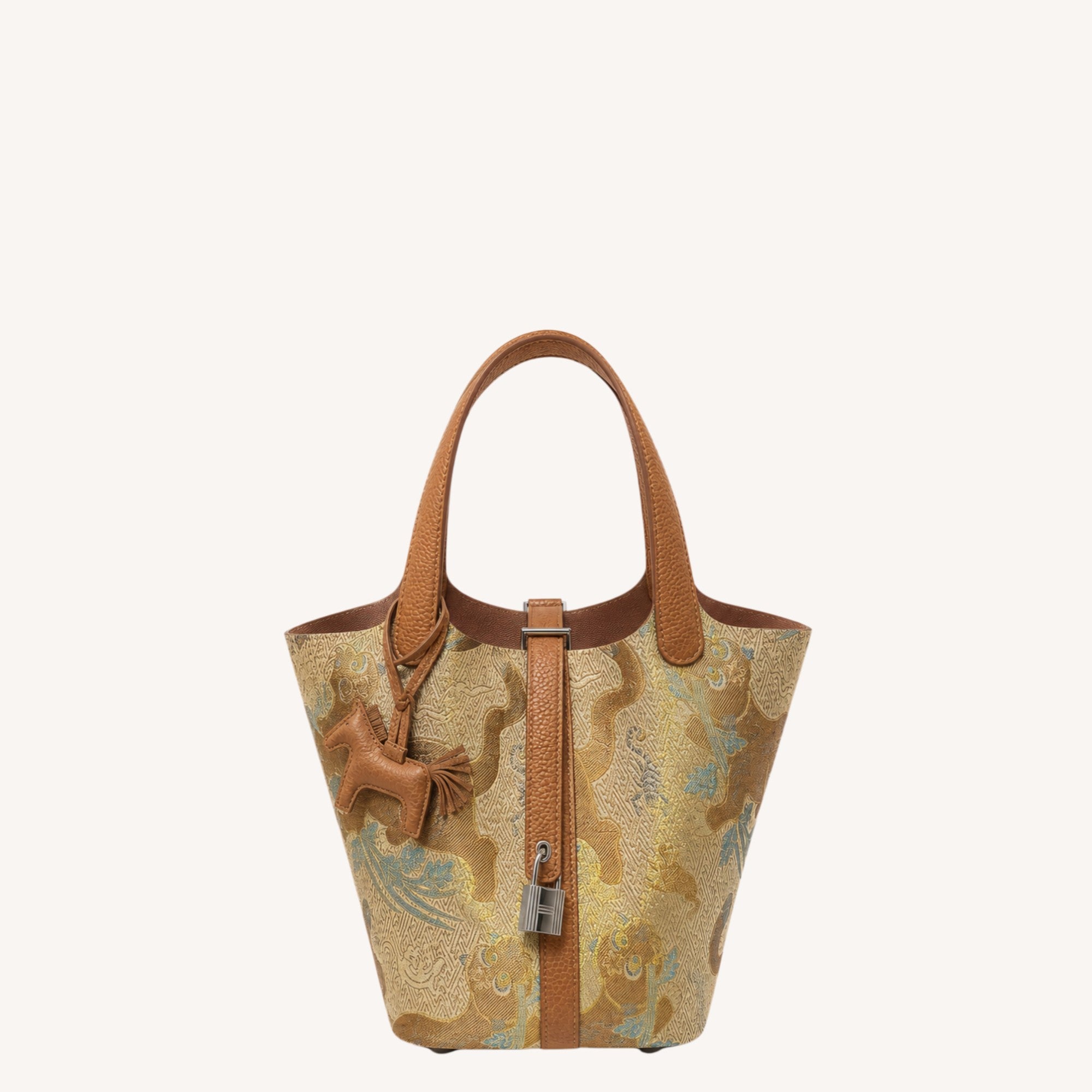 Tiger Warding Off Five Poisons Song Brocade Basket Bag | Brocade Modern